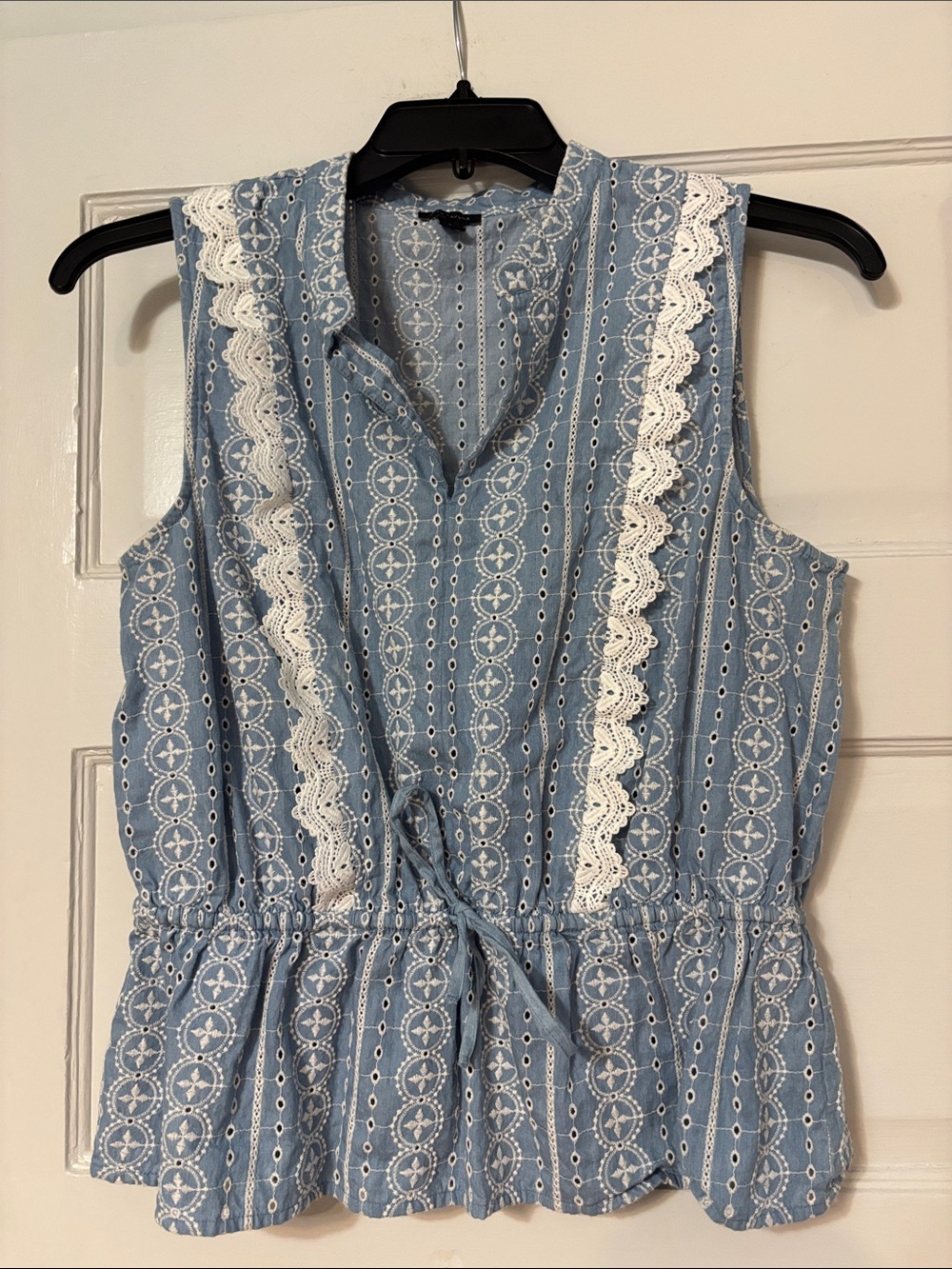 Ann Taylor Light Blue Lace-Trim Drawstring Peplum Top